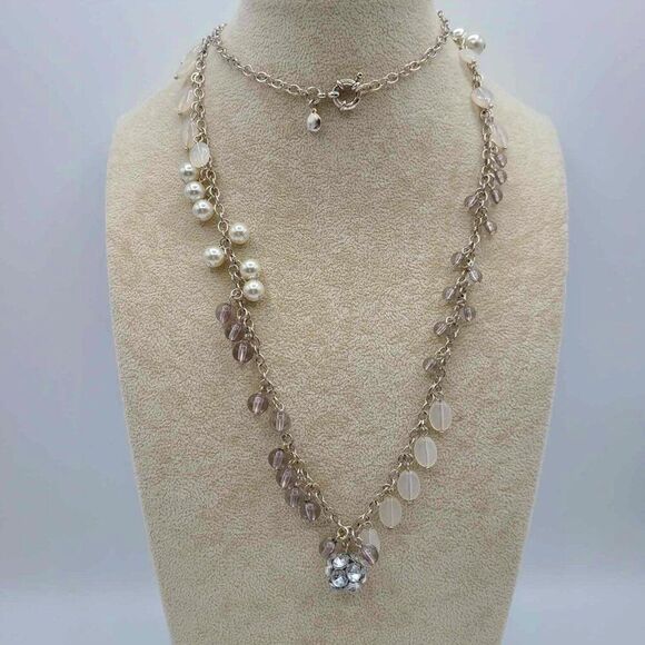 J Crew Silver Tone Faux Pearl Crystal Beads Ball Long Necklace - Picture 1 of 10